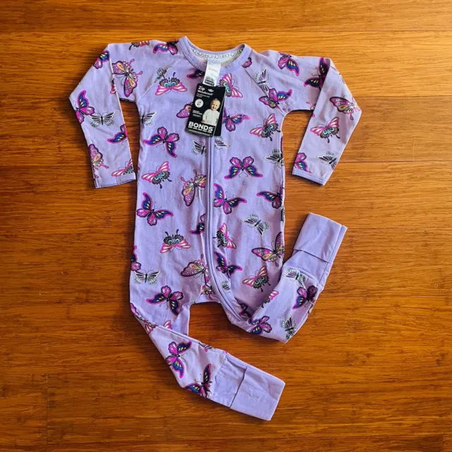 Bonds Baby Girl Butterfly Purple Long Sleeve Zip Wondersuit Size 2 BNWT Zippy