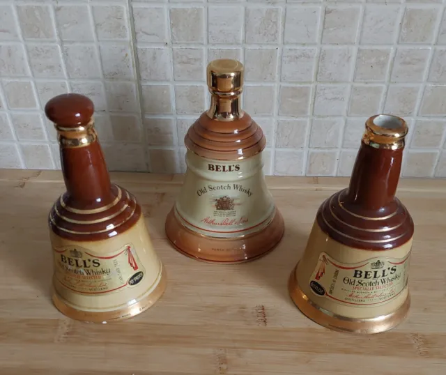 3 x Wade Bells ‘Old’ Scotch Whisky Bottle Ceramic Bell Shape Vintage Decanters