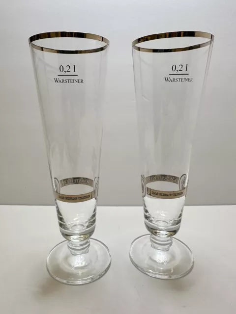 Warsteiner German Beer Glass 8" Tall Pilsner Gold Rim Oktoberfest - Set of 2