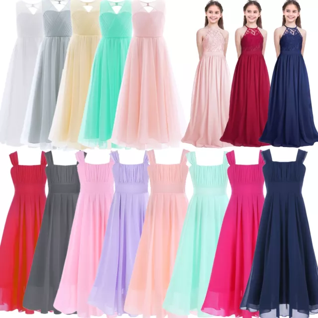 UK Girls Chiffon Lace Flower Dress Formal Party Wedding Bridesmaid Evening Gowns