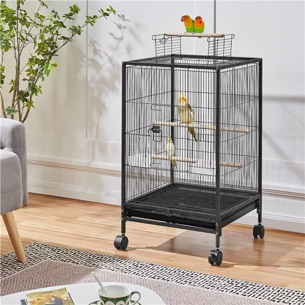 Bird Cage 35'' H Wrought Iron Parrot Cage with Rolling Stand and Open-top