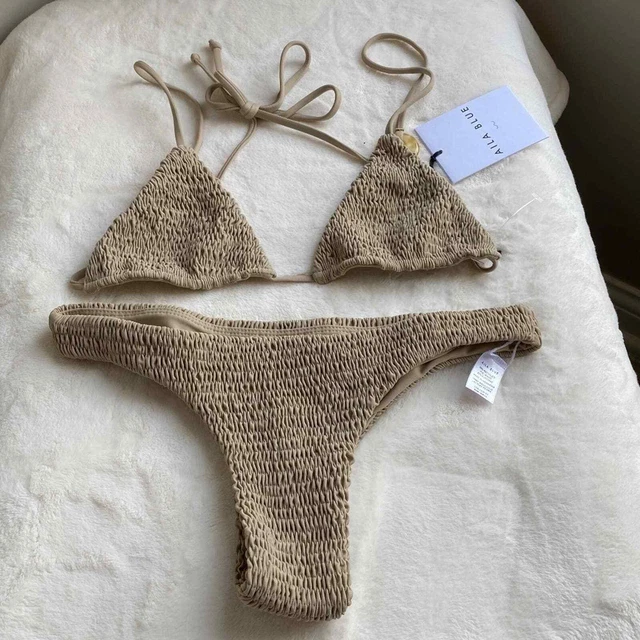 New! SET! Aila Blue Cinco Top Paired With Quattro Bottom Size XS Tan 14623