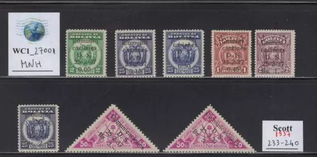 WC1_27001.BOLIVIA. 1937 ovpt. cplt. set. Sc. 233-240. MNH