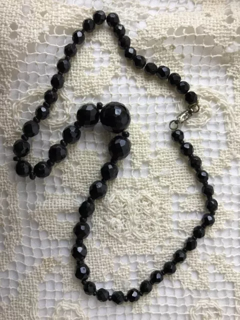 Vtg Black Glass Mourning Bead Necklace Faceted Choker Victorian Art Deco Style