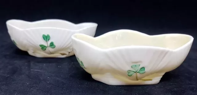 TWO BELLEEK SHAMROCK OPEN SALTS - ONE 2ND BLACK MARK and ONE GREEN MARK