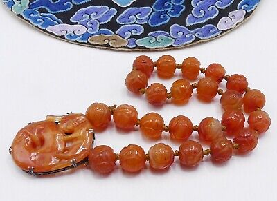Old Chinese carved carnelian beads necklace & sterling silver tiger pendant 81.9