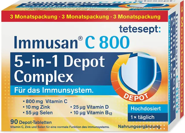 Tetesept Immusan C 800 5-In-1 - Ergänzungsmittel Mit Vitamin C usw. – 90 Stück