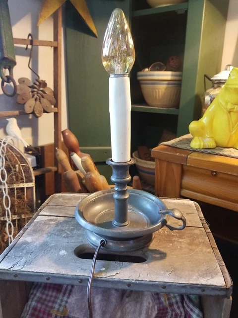 Vintage Plug In Pewter Colonial Candle Stick Light Primitive 1 Finger Loop 13"