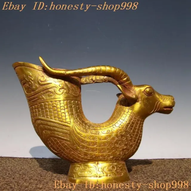 9.6'' China dynasty bronze Ware Gilt Feng Shui sheep goblet wineglass cup statue