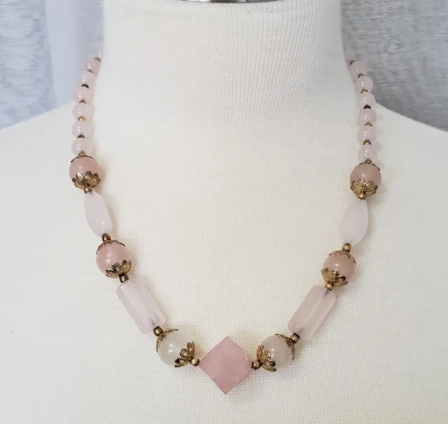 Clear & Rose Quartz Bead Necklace Gold Tone Beads Clasp Vintage Chunky Faceted