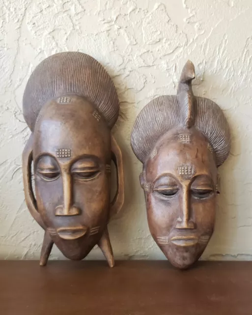 African Mask Wood Crest Baule Tribe Authentic Hand Carved Ancestors Mask Pair