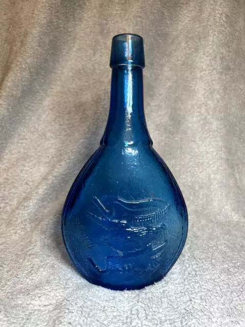 Vintage Wheaton Nuline Blue Glass Union/Shaking Hands Dove Decanter 9.25”