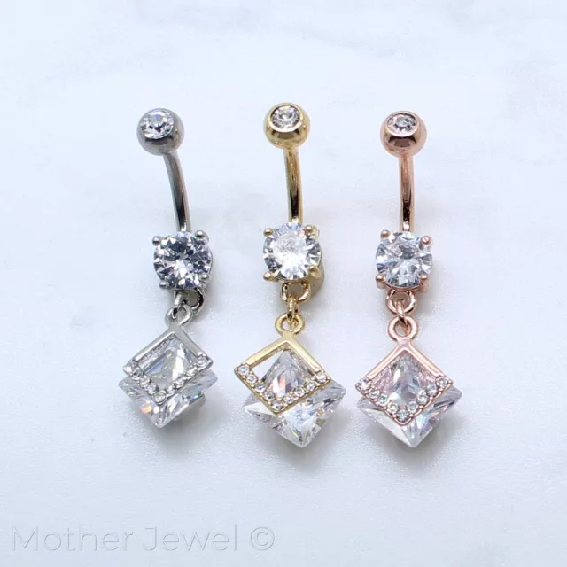 Simulated Diamond Dangle 14K Yellow Rose Gold Ip Belly Button Barbell Navel Ring