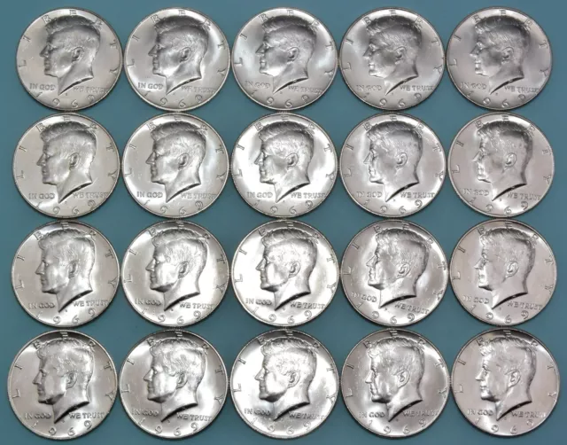 Twenty 1969-D Uncirculated Mint Set Kennedy 40% Silver Half Dollars