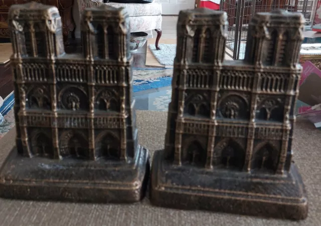 Pair Cast Iron Vintage Notre Dame Paris Bronzed 7" Heavy Bookends