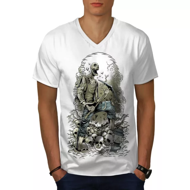 Wellcoda Zombie Miner Skull Horror Mens V-Neck T-shirt,  Graphic Design Tee