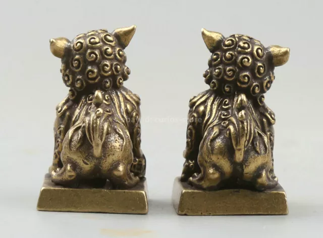 31MM Curio Chinese Brass Foo Fu Dog Guardion Lion Pair Small Seal Signet Statue 3
