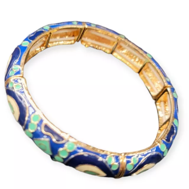 Stella & Dot Goldtone w/ Blue & White Enamel Leaf Design Stretch Bangle Bracelet