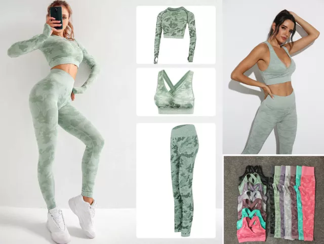 Set yoga mimetico donna senza cuciture top + reggiseno sportivo + pantaloni tuta palestra 3 pz