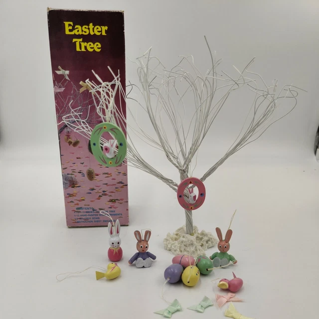 Vintage 90s White Wire 9" Easter Tree with Box & 11 Hanging Bunny Eggs Ornaments