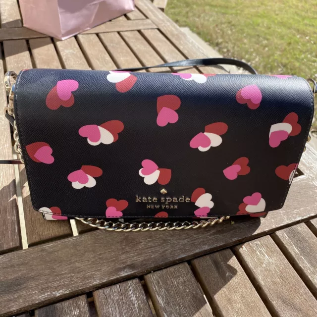 New Kate Spade Carson Flutter Hearts Saffiano Leather Crossbody bag Black multi