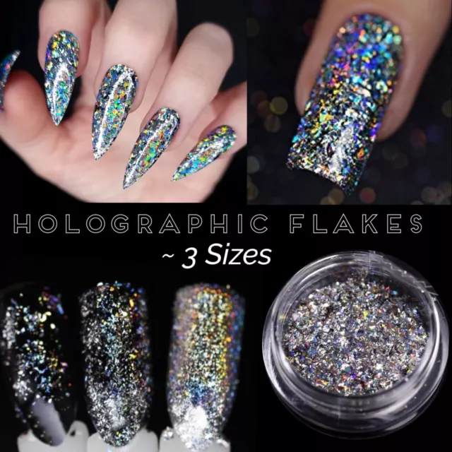 Holographic Nail Flakes 3 Sizes Chrome Silver Shiny Flake Unicorn Powder Rainbow