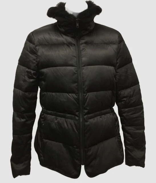$595 Theory Women's Black Fur-Trim Collar Puffer Jacket Coat Size Small