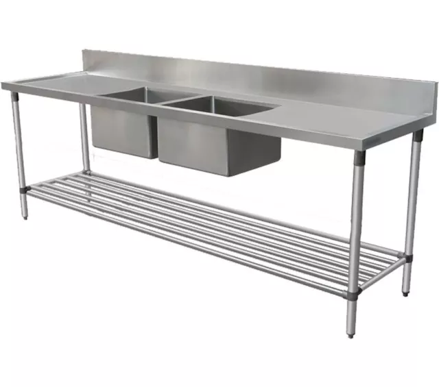 1800x600mm NEW COMMERCIAL DOUBLE BOWL KITCHEN SINK #304 STAINLESS STEEL BENCH E0
