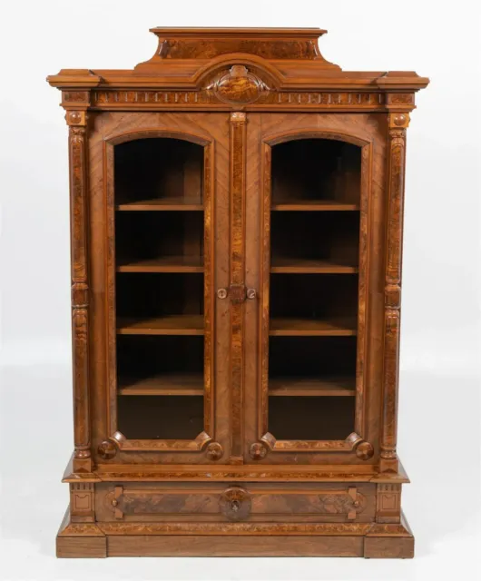 1870s RENAISSANCE REVIVAL WALNUT & BURL VENEER VICTORIAN DOUBLE DOOR BOOKCASE