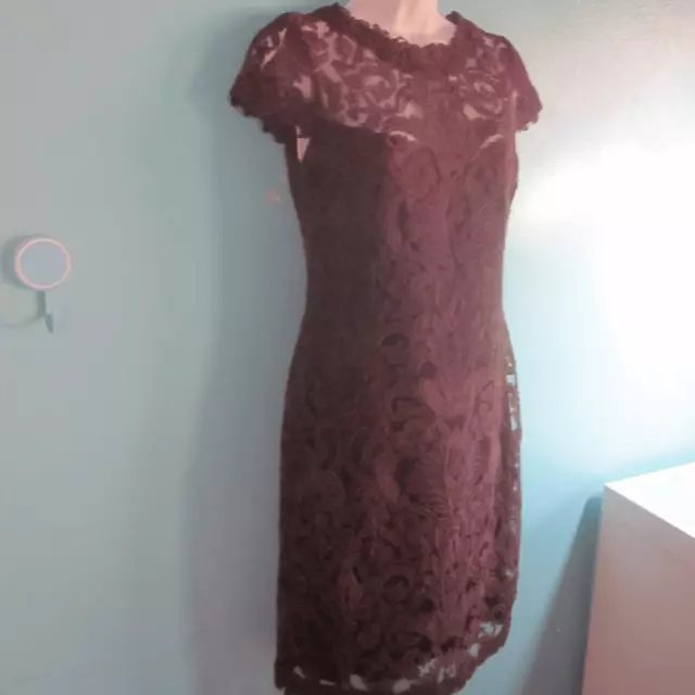 Tadashi Shoji Burgundy Illusion Yoke Lace Sheath Dress Size 4 3