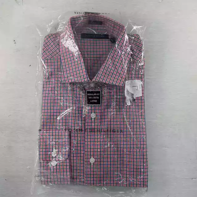 NWT Tommy Hilfiger Gingham Red Blue Classic Fit LS Non Iron Dress Shirt Mens L