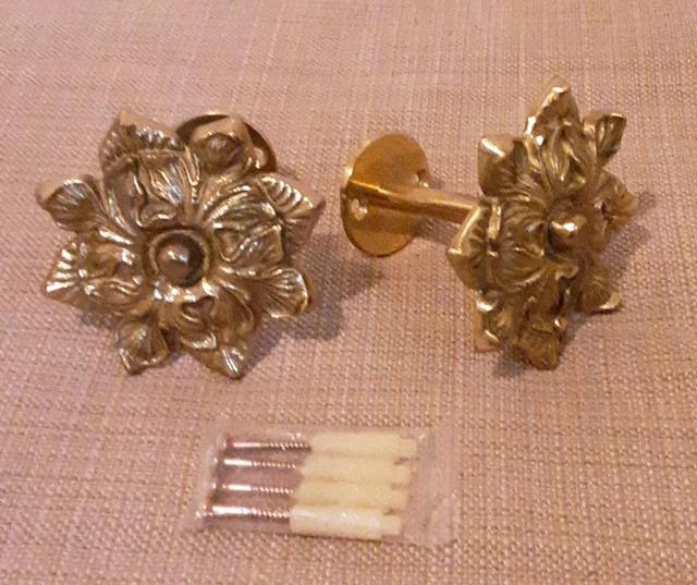 2 Vintage Gold Brass Curtain Tie-Backs Flower Design 1993