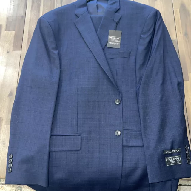 NWT Jos A Bank Traveler Blue Check Wool 2 Button 2 Piece Suit Mens 46R 40W $798