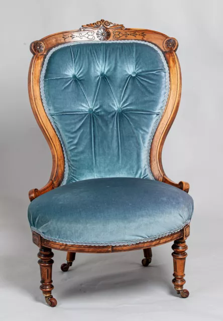 Antique Victorian Spoon Back Nursing Chair C19th H95cm W58cm D59cm Blue Draylon