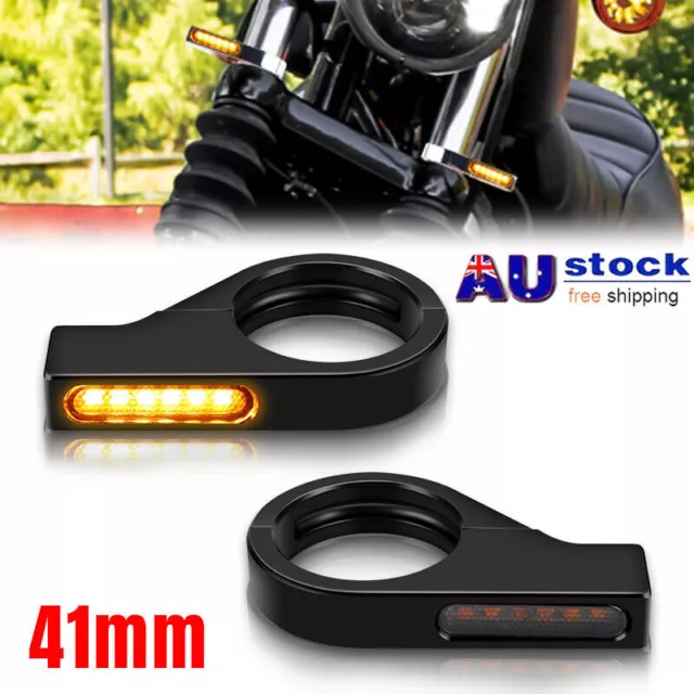 2x 41mm Fork Tube Clamp Amber Motorcycle LED Turn Signal Mount Bracket Indicator