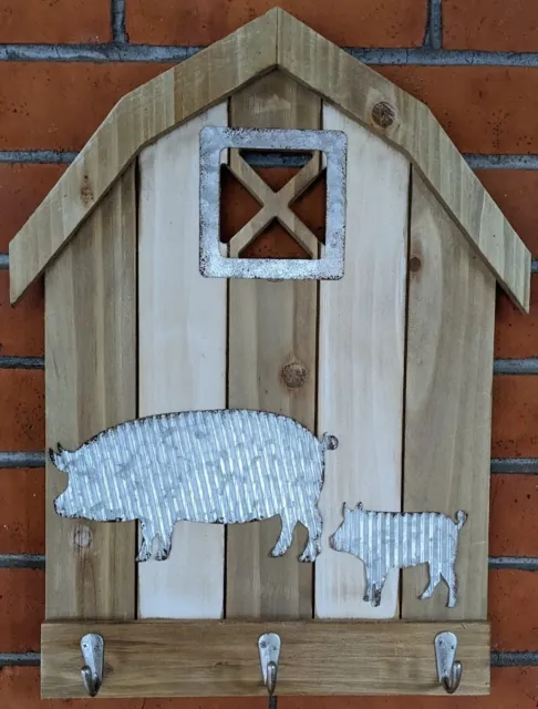 Rustic Pigs at Barn Wall Mounted 3 Hook Key Ring Holder / Coat Rack / Hat Hook 4