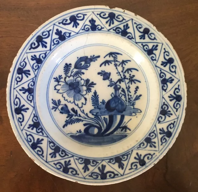 Antique 18th 19th c. Delft Tin Glaze Faience Pottery Plate Blue & White Chinese