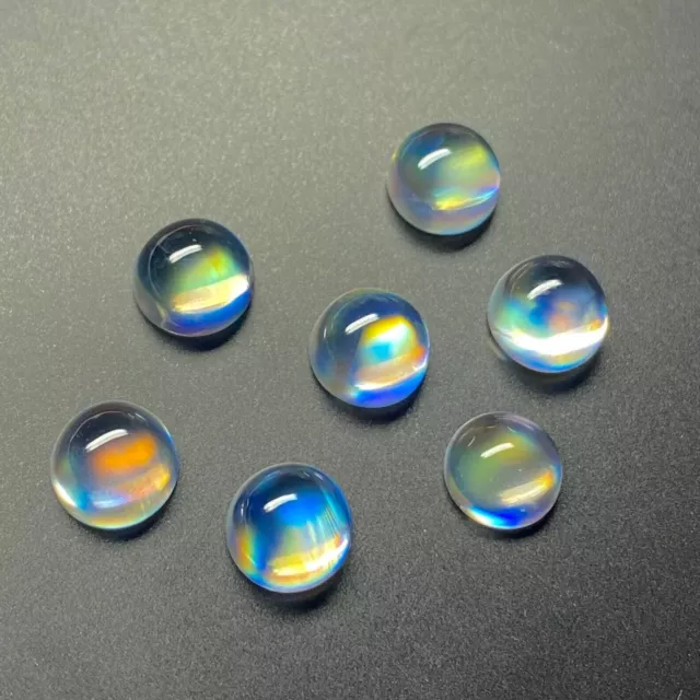 1 PCs 7 MM Natural Blue Rainbow Fire White Moonstone Round Shape Cabochon