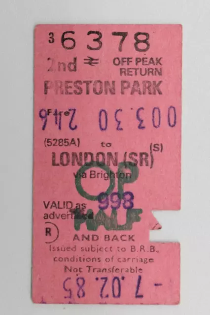 Railway Ticket Preston Park to London (SR) 2nd class BR #6378