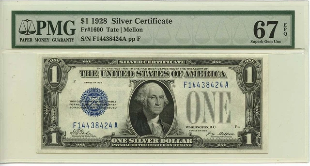 1928 $1 Silver Certificate Blue Tate Mellon Fr# 1600 PMG SUPERB GEM 67EPQ