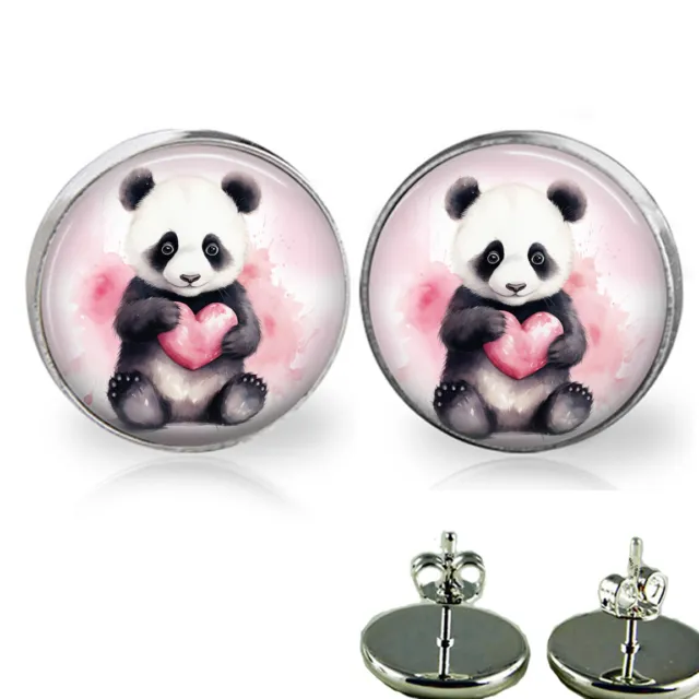 Panda Bear Stud Earrings Pink Heart Watercolor Art Print Panda Bear Lover Gift