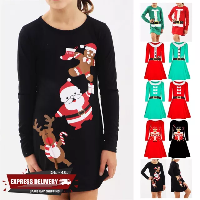 Girls Kids Xmas Santa Reindeer Hat Gingerbread Christmas Flared Mini Swing Dress