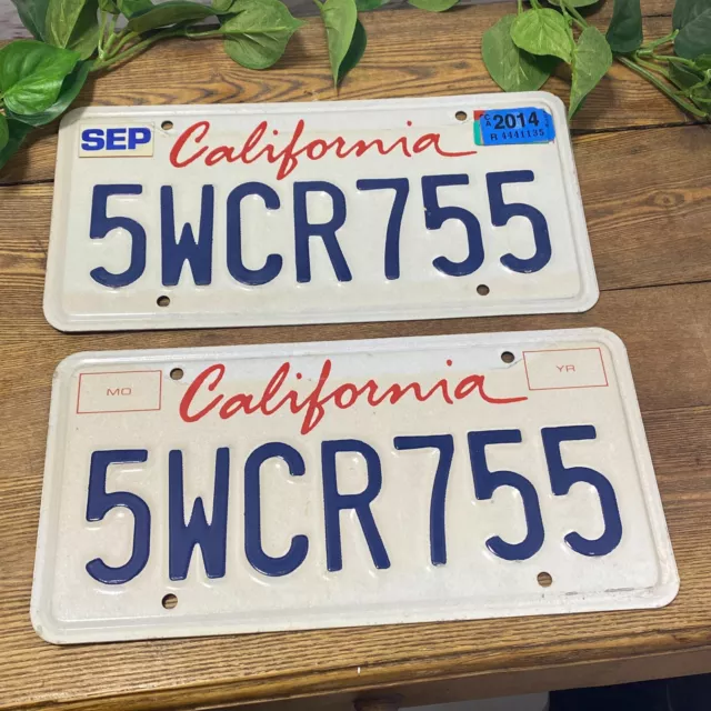 VTG California Lipstick Style Auto License Plate Pair Blue on White Red Cursive