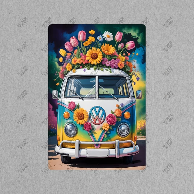 Vintage VW Bus Flower Power Metal Sign Hippie Decor Retro Van Art #875278