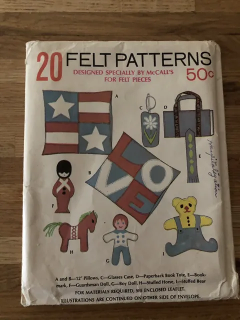 1969 Vintage Uncut 20 Felt Patterns by McCall's Pincushion Doll Horse Bear Tote