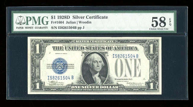 DBR Scarce 1928-D $1 Silver Fr. 1604 IB Block PMG 58 EPQ Serial I58261504B