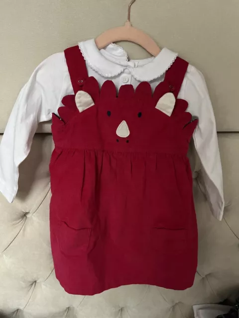 BNWT Jojo Maman Bebe Red Dinosaur Corduroy Pinafore Dress Set Age 12-18 Months