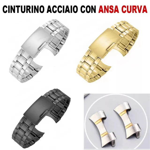 CINTURINO OROLOGIO ACCIAIO ANSA CURVA per SEIKO ROLEX ARGENTO ORO NERO 20-22mm