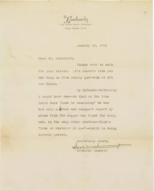 DASHIELL HAMMETT Signed Letter - US Author / Writer / Literature - preprint