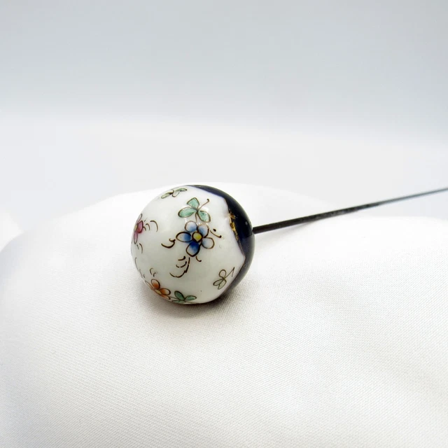 Antique Hatpin Hand Painted Flower Ball, Cobalt, Porcelain, Hat Pin, NR